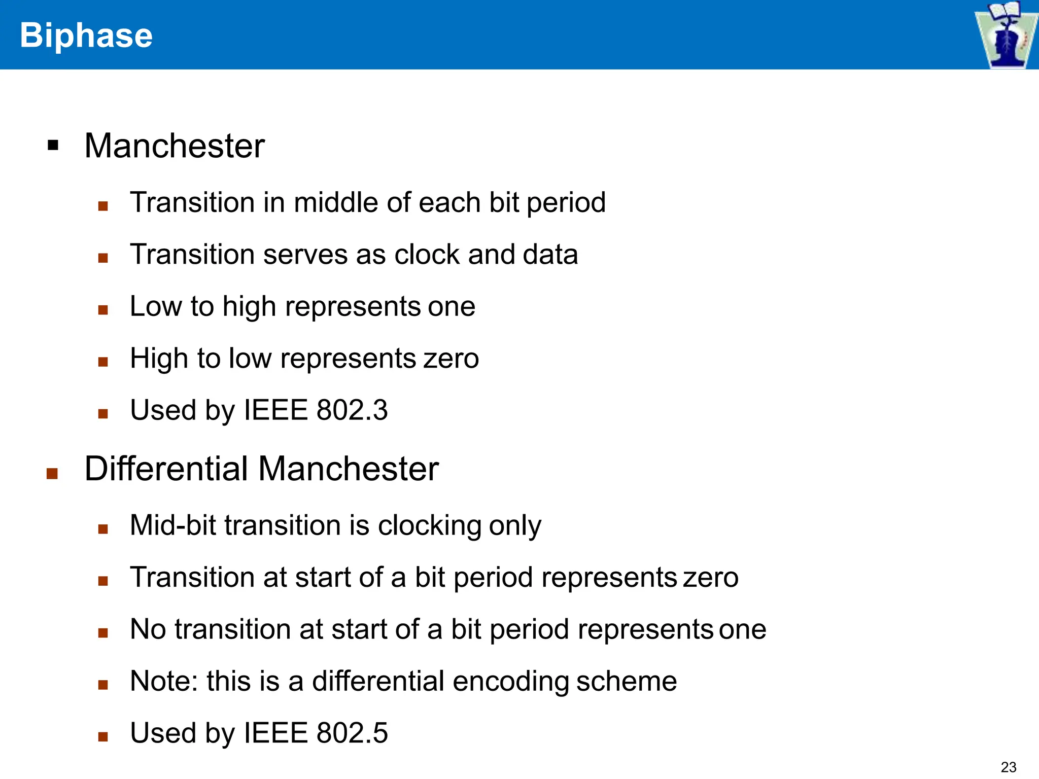 Biphase
 Manchester
 Transition in middle of each bit period
 Transition serves as clock and data
 Low to high represents one
 High to low represents zero
 Used by IEEE 802.3
 Differential Manchester
 Mid-bit transition is clocking only
 Transition at start of a bit period represents zero
 No transition at start of a bit period representsone
 Note: this is a differential encoding scheme
 Used by IEEE 802.5
23
 