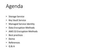 Agenda
• Storage Service
• Key Vault Service
• Managed Service Identity
• Data Encryption Methods
• AWS S3 Encryption Methods
• Best practices
• Demo
• References
• Q & A
 