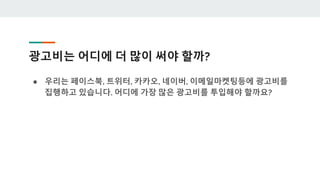 광고비는 어디에 더 많이 써야 할까?
● 우리는 페이스북, 트위터, 카카오, 네이버, 이메일마켓팅등에 광고비를
집행하고 있습니다. 어디에 가장 많은 광고비를 투입해야 할까요?
 