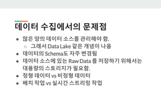 데이터 수집에서의 문제점
● 많은 양의 데이터 소스를 관리해야 함.
○ 그래서 Data Lake 같은 개념이 나옴
● 데이터의 Schema도 자주 변경됨
● 데이터 소스에 있는 Raw Data 를 저장하기 위해서는
대용량의 스토리지가 필요함.
● 정형 데이터 vs 비정형 데이터
● 배치 작업 vs 실시간 스트리밍 작업
 