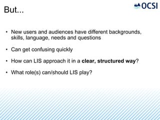 But... New users and audiences have different backgrounds, skills, language, needs and questions Can get confusing quickly How can LIS approach it in a  clear, structured way ? What role(s) can/should LIS play? 