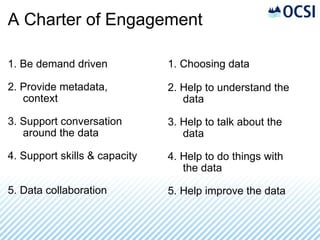 A Charter of Engagement 1. Be demand driven 2. Provide metadata,       context 3. Support conversation       around the data 4. Support skills & capacity 5. Data collaboration 1. Choosing data 2. Help to understand the       data 3. Help to talk about the        data 4. Help to do things with        the data 5. Help improve the data 