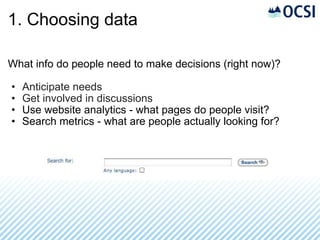 1. Choosing data What info do people need to make decisions (right now)? Anticipate needs Get involved in discussions Use website analytics - what pages do people visit? Search metrics - what are people actually looking for? 