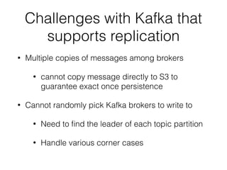 Challenges with Kafka that
supports replication
• Multiple copies of messages among brokers
• cannot copy message directly to S3 to
guarantee exact once persistence
• Cannot randomly pick Kafka brokers to write to
• Need to ﬁnd the leader of each topic partition
• Handle various corner cases
 