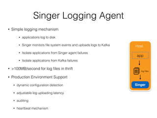 Singer Logging Agent
• Simple logging mechanism
• applications log to disk
• Singer monitors ﬁle system events and uploads logs to Kafka
• Isolate applications from Singer agent failures
• Isolate applications from Kafka failures
• >100MB/second for log ﬁles in thrift
• Production Environment Support
• dynamic conﬁguration detection
• adjustable log uploading latency
• auditing
• heartbeat mechanism
Host
app
log ﬁles
Singer
 