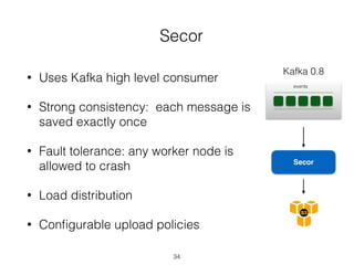 Secor
34
• Uses Kafka high level consumer
• Strong consistency: each message is
saved exactly once
• Fault tolerance: any worker node is
allowed to crash
• Load distribution
• Conﬁgurable upload policies
events
Kafka 0.8
Secor
 