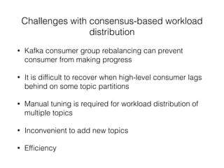 Challenges with consensus-based workload
distribution
• Kafka consumer group rebalancing can prevent
consumer from making progress
• It is difﬁcult to recover when high-level consumer lags
behind on some topic partitions
• Manual tuning is required for workload distribution of
multiple topics
• Inconvenient to add new topics
• Efﬁciency
 