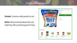 v
Context: Customer adds product to cart
Action: Recommend products that user
might buy after purchasing pack of chips
Next Item Recommendation
 