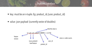 v
Features Interface
• key: must be an n-tuple. Eg: product_id, {user, product_id}
• value: json payload (currently vector of doubles)
 