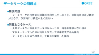 ■精度問題
・データリークの特徴量を訓練時に利用してしまうと、訓練時には高い精度
が出るが、予測時には精度が全く出ない
■問題となるケース
・企業データなどの過去データがなかったり、時系列情報がない場合
・マスターテーブルの値が特定トリガーで途中変更がある場合
・データセット全体で標準化、正規化を実施した場合
データリークの問題点
52
 