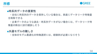 ■時系列データの重要性
・自社に時系列のデータを保持している場合は、素直にデータリーク特徴量
を削除できる
・企業データのような過去・時系列データがない場合には、データリーク特
徴量の除去に試行錯誤しそう
■共通モデルの難しさ
・全体のモデル最適化の特徴選択には、経験則が必要になりそう
所感
58
 