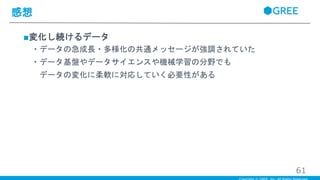■変化し続けるデータ
・データの急成長・多様化の共通メッセージが強調されていた
・データ基盤やデータサイエンスや機械学習の分野でも
データの変化に柔軟に対応していく必要性がある
感想
61
 