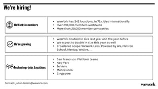 We’re growing
We’re hiring!
• WeWork doubled in size last year and the year before
• We expect to double in size this year as well
• Broadened scope: WeWork Labs, Powered by We, Flatiron
School, Meetup, WeLive, …
WeWork in numbers
Technology jobs Locations
• San Francisco: Platform teams
• New York
• Tel Aviv
• Montevideo
• Singapore
• WeWork has 242 locations, in 72 cities internationally
• Over 210,000 members worldwide
• More than 20,000 member companies
Contact: julien.ledem@wework.com
 