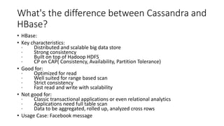 • HBase:
• Key characteristics:
· Distributed and scalable big data store
· Strong consistency
· Built on top of Hadoop HDFS
· CP on CAP( Consistency, Availability, Partition Tolerance)
• Good for:
· Optimized for read
· Well suited for range based scan
· Strict consistency
· Fast read and write with scalability
• Not good for:
· Classic transactional applications or even relational analytics
· Applications need full table scan
· Data to be aggregated, rolled up, analyzed cross rows
• Usage Case: Facebook message
What's the difference between Cassandra and
HBase?
 