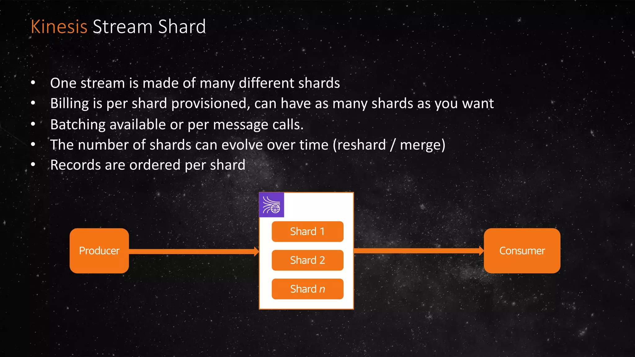 • One stream is made of many different shards
• Billing is per shard provisioned, can have as many shards as you want
• Batching available or per message calls.
• The number of shards can evolve over time (reshard / merge)
• Records are ordered per shard
Shard 1
Shard 2
Shard n
ConsumerProducer
Kinesis Stream Shard
 