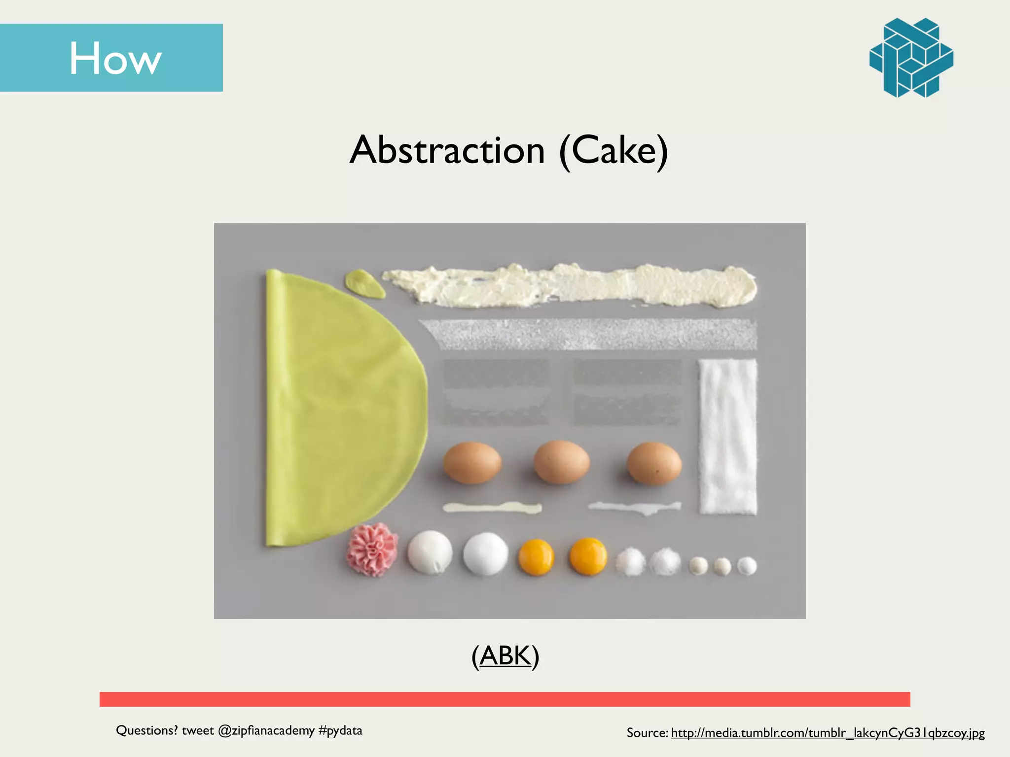 Source: http://media.tumblr.com/tumblr_lakcynCyG31qbzcoy.jpg
Abstraction (Cake)
How
(ABK)
Questions? tweet @zipﬁanacademy #pydata
 