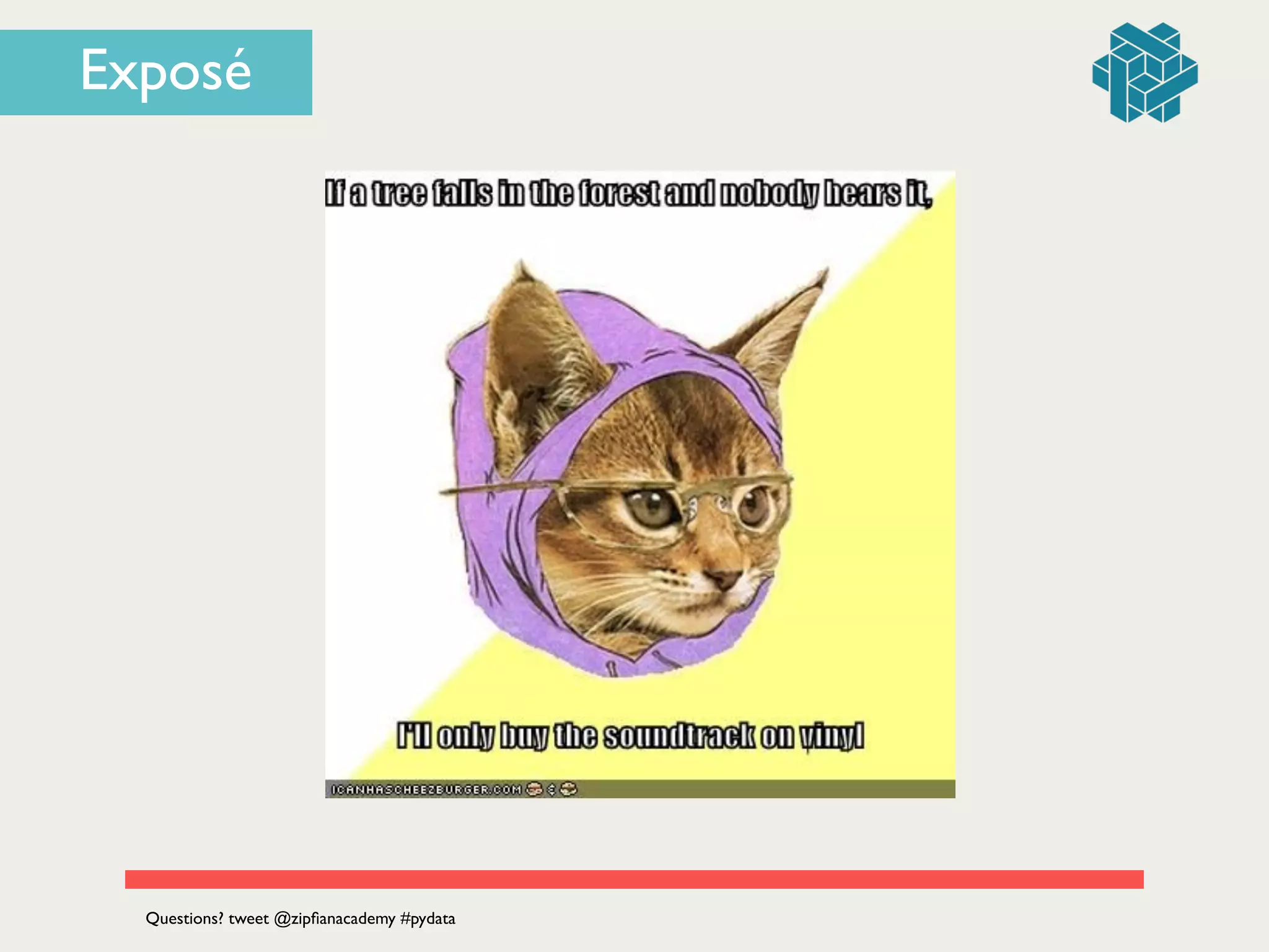 Exposé
Questions? tweet @zipﬁanacademy #pydata
 