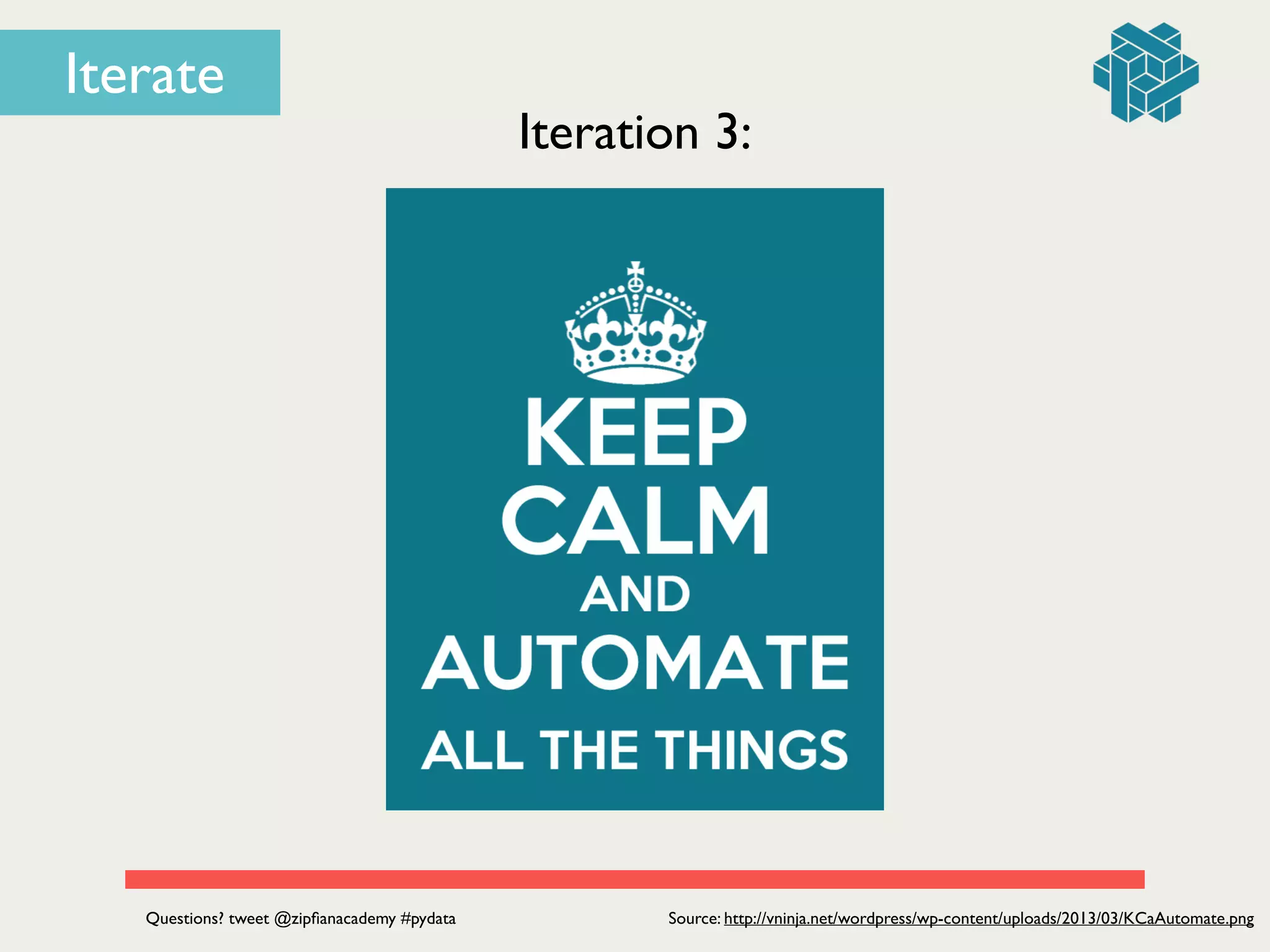 Iteration 3:
Source: http://vninja.net/wordpress/wp-content/uploads/2013/03/KCaAutomate.pngQuestions? tweet @zipﬁanacademy #pydata
Iterate
 