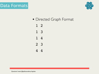 • Directed Graph Format	

1 2!
1 3!
1 4!
2 3!
4 4
Questions? tweet @zipﬁanacademy #pydata
Data Formats
 