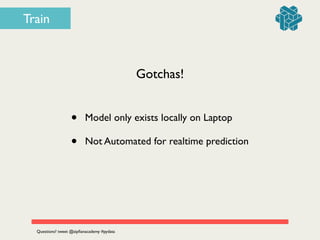 Gotchas!
• Model only exists locally on Laptop	

• Not Automated for realtime prediction
Questions? tweet @zipﬁanacademy #pydata
Train
 