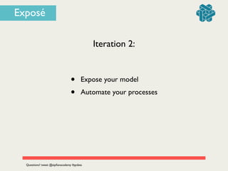 Iteration 2:
• Expose your model	

• Automate your processes
Questions? tweet @zipﬁanacademy #pydata
Exposé
 