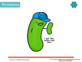 Source: http://www.glogster.com/mrsallenballard/pickles-i-love-em-/
g-6mevh13be74mgnc9i8qifa0
Persistence
Questions? tweet @zipﬁanacademy #pydata
 
