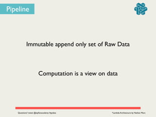 Immutable append only set of Raw Data
Computation is a view on data
*Lambda Architecture by Nathan MarzQuestions? tweet @zipﬁanacademy #pydata
Pipeline
 