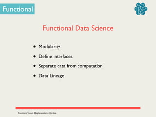 Functional Data Science
• Modularity	

• Deﬁne interfaces	

• Separate data from computation	

• Data Lineage
Functional
Questions? tweet @zipﬁanacademy #pydata
 