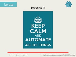 Iteration 3:
Source: http://vninja.net/wordpress/wp-content/uploads/2013/03/KCaAutomate.pngQuestions? tweet @zipﬁanacademy #pydata
Iterate
 