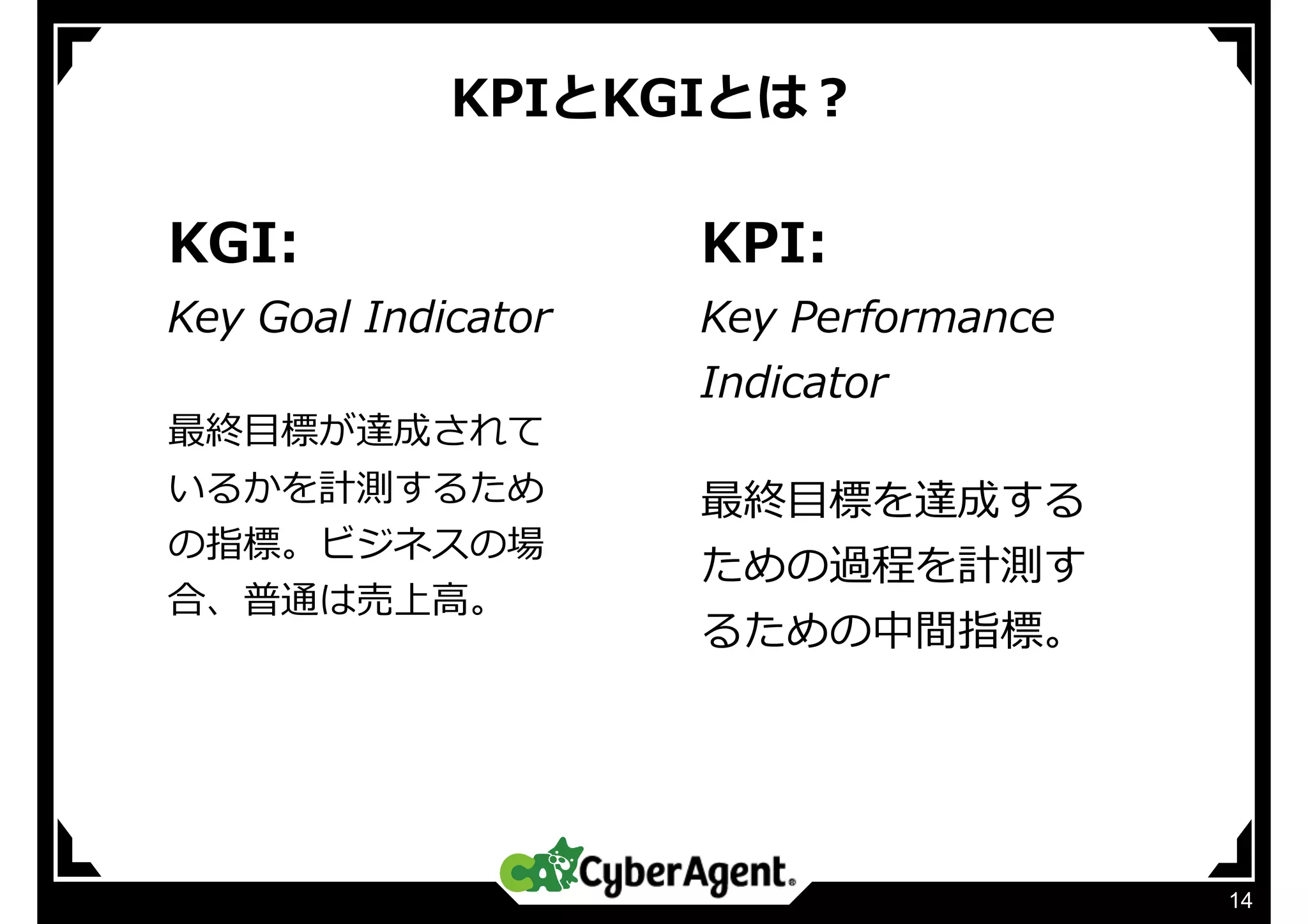 KPIとKGIとは？
14
KGI:
Key Goal Indicator
最終⽬標が達成されて
いるかを計測するため
の指標。ビジネスの場
合、普通は売上⾼。
KPI:
Key Performance
Indicator
最終⽬標を達成する
ための過程を計測す
るための中間指標。
 