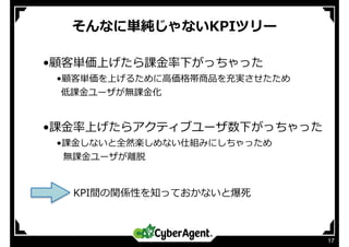 そんなに単純じゃないKPIツリー
17
•顧客単価上げたら課⾦率下がっちゃった
•顧客単価を上げるために⾼価格帯商品を充実させたため
  低課⾦ユーザが無課⾦化
•課⾦率上げたらアクティブユーザ数下がっちゃった
•課⾦しないと全然楽しめない仕組みにしちゃっため
  無課⾦ユーザが離脱
KPI間の関係性を知っておかないと爆死
 