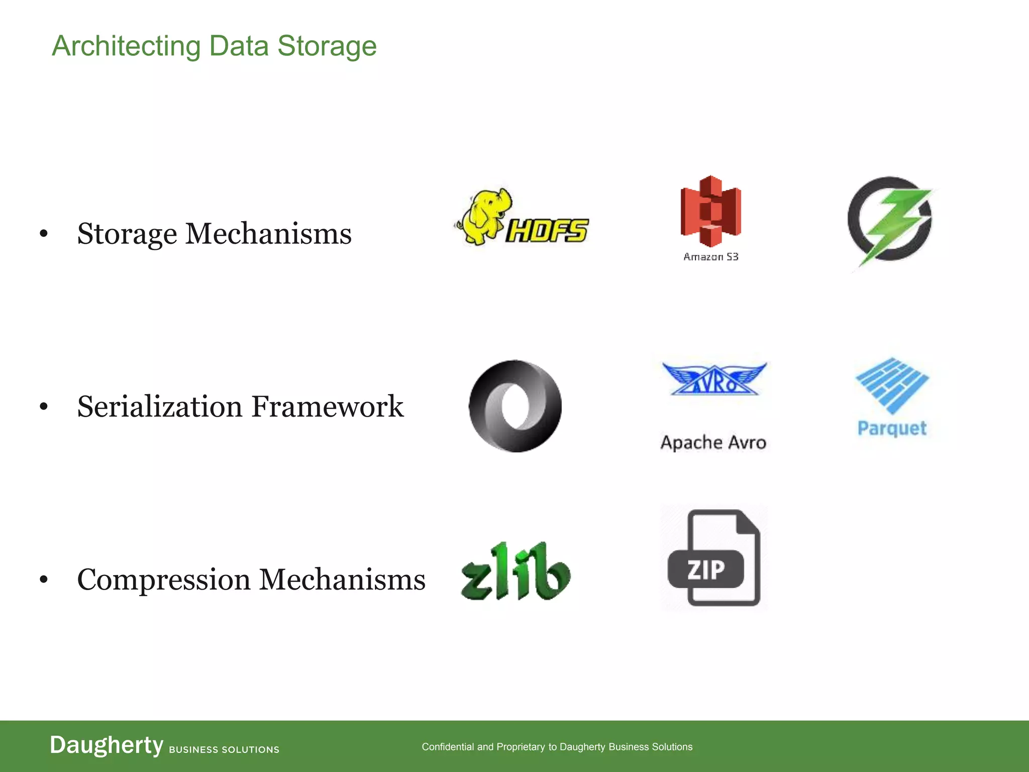 Confidential and Proprietary to Daugherty Business Solutions
• Storage Mechanisms
• Serialization Framework
• Compression Mechanisms
Architecting Data Storage
11
 