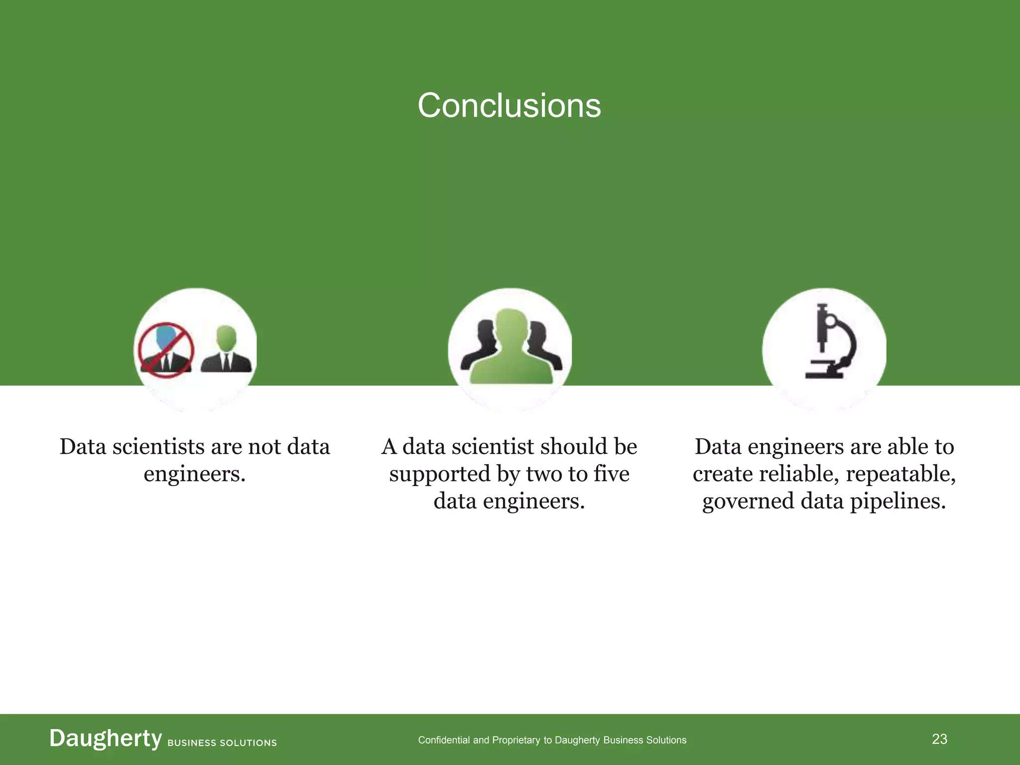 Confidential and Proprietary to Daugherty Business Solutions
Conclusions
23
Data scientists are not data
engineers.
A data scientist should be
supported by two to five
data engineers.
Data engineers are able to
create reliable, repeatable,
governed data pipelines.
 