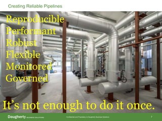Confidential and Proprietary to Daugherty Business Solutions 7
Creating Reliable Pipelines
It’s not enough to do it once.
Reproducible
Performant
Robust
Flexible
Monitored
Governed
 