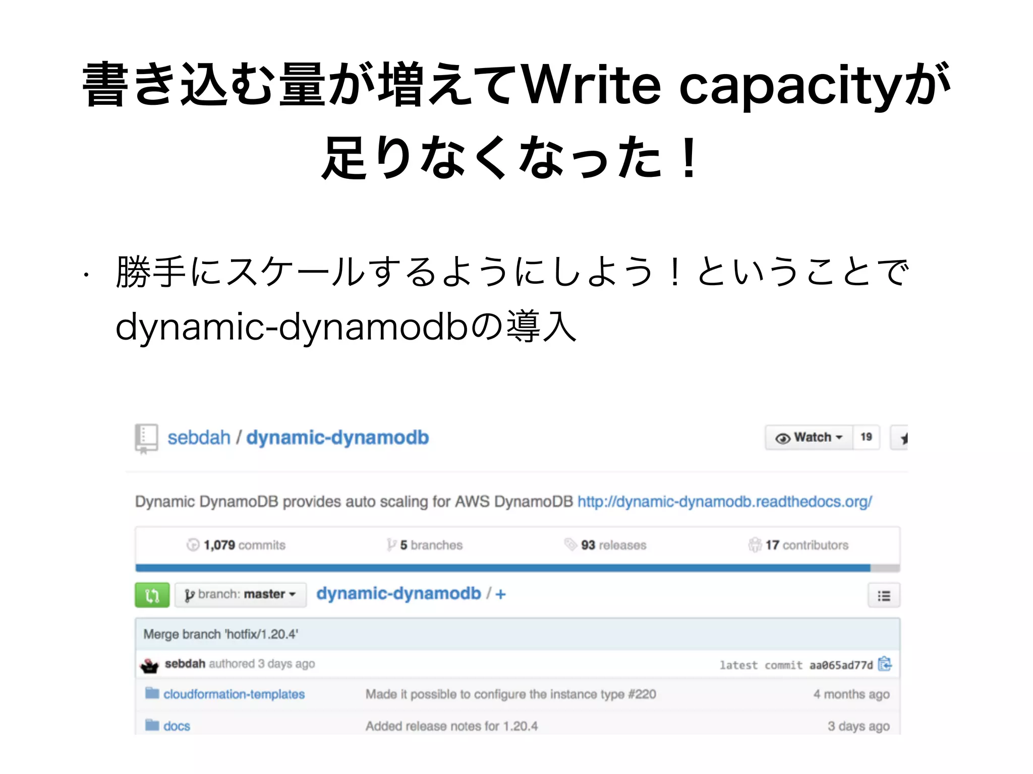 書き込む量が増えてWrite capacityが
足りなくなった！
• 勝手にスケールするようにしよう！ということで
dynamic-dynamodbの導入
 