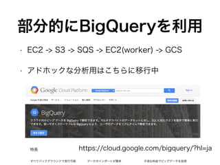 部分的にBigQueryを利用
• EC2 -> S3 -> SQS -> EC2(worker) -> GCS
• アドホックな分析用はこちらに移行中
https://cloud.google.com/bigquery/?hl=ja
 