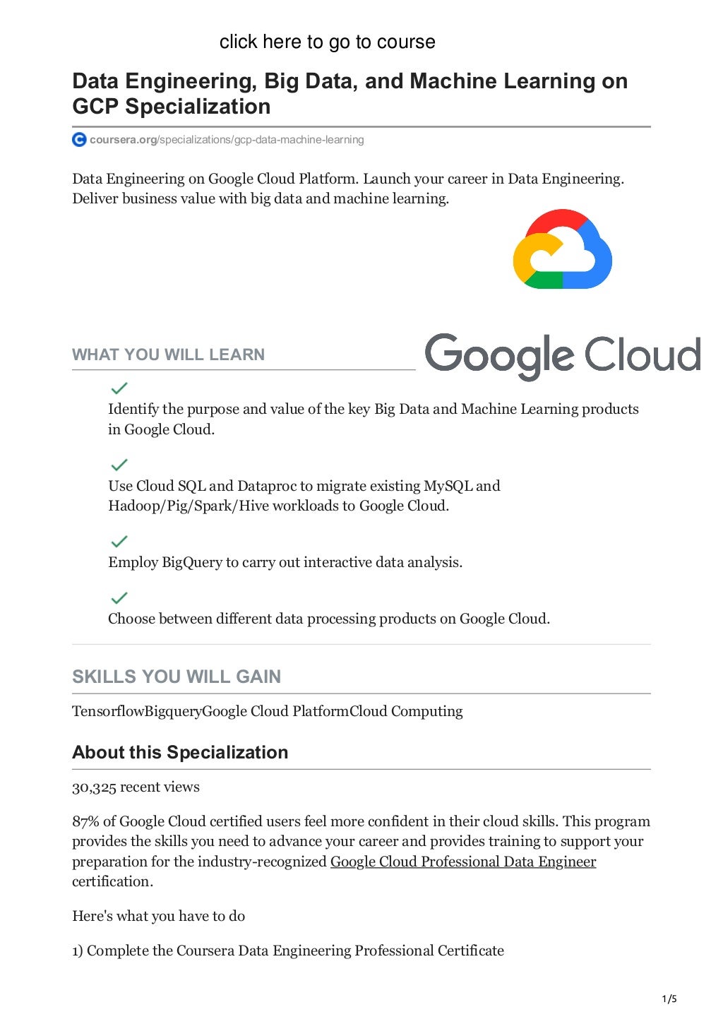 Data engineering big data and machine learning on gcp specialization