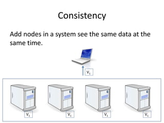 Consistency
Add nodes in a system see the same data at the
same time.
V1 V1 V1 V1
V1
 