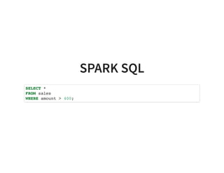 SPARK SQL
SELECT *
FROM sales
WHERE amount > 400;
 