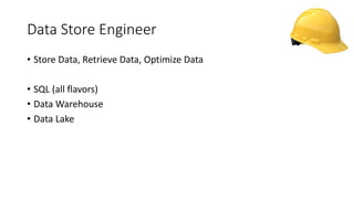 Data Store Engineer
• Store Data, Retrieve Data, Optimize Data
• SQL (all flavors)
• Data Warehouse
• Data Lake
 