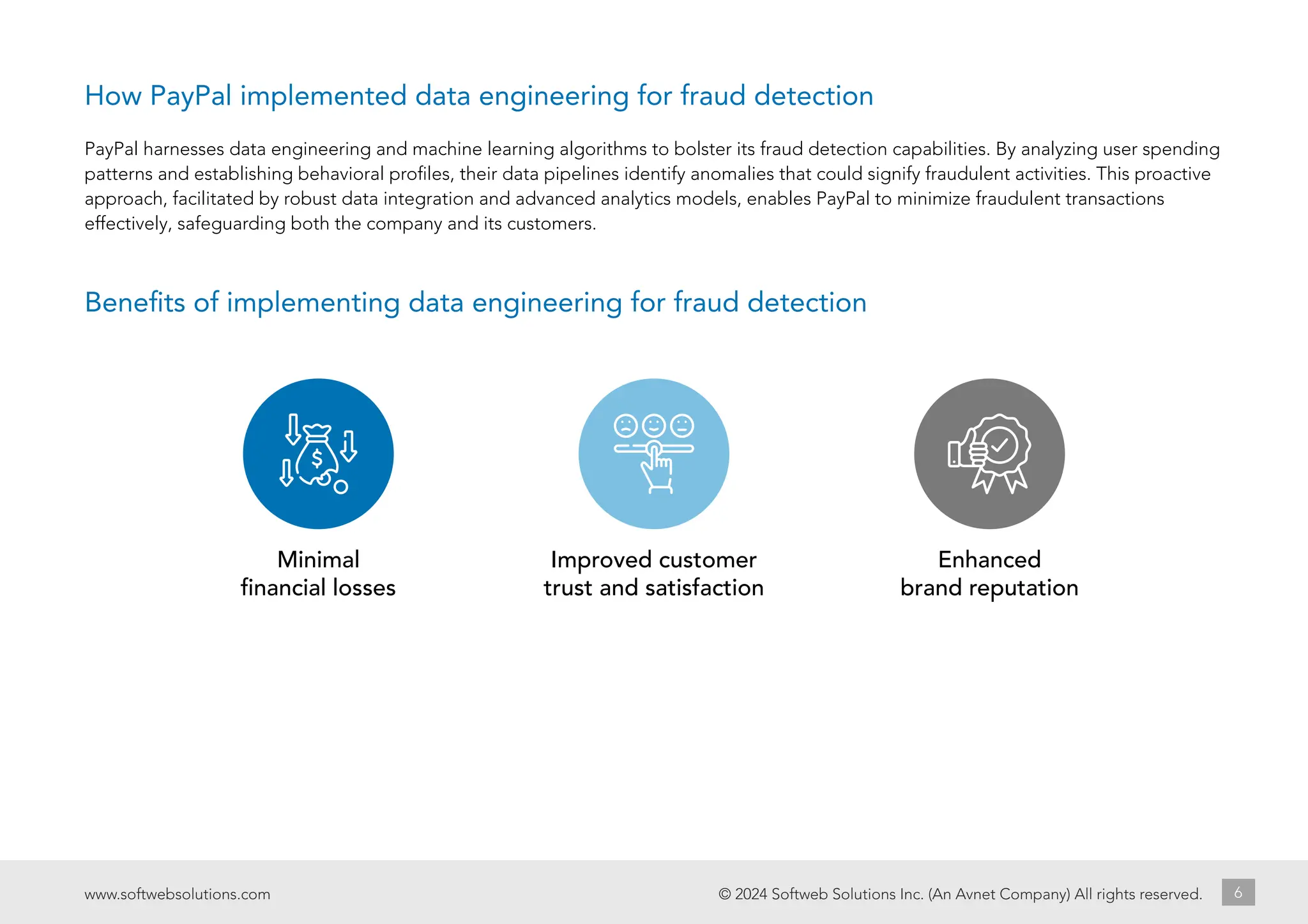 Minimal
financial losses
Improved customer
trust and satisfaction
Enhanced
brand reputation
© 2024 Softweb Solutions Inc. (An Avnet Company) All rights reserved.
www.softwebsolutions.com 6
PayPal harnesses data engineering and machine learning algorithms to bolster its fraud detection capabilities. By analyzing user spending
patterns and establishing behavioral profiles, their data pipelines identify anomalies that could signify fraudulent activities. This proactive
approach, facilitated by robust data integration and advanced analytics models, enables PayPal to minimize fraudulent transactions
effectively, safeguarding both the company and its customers.
Benefits of implementing data engineering for fraud detection
How PayPal implemented data engineering for fraud detection
 