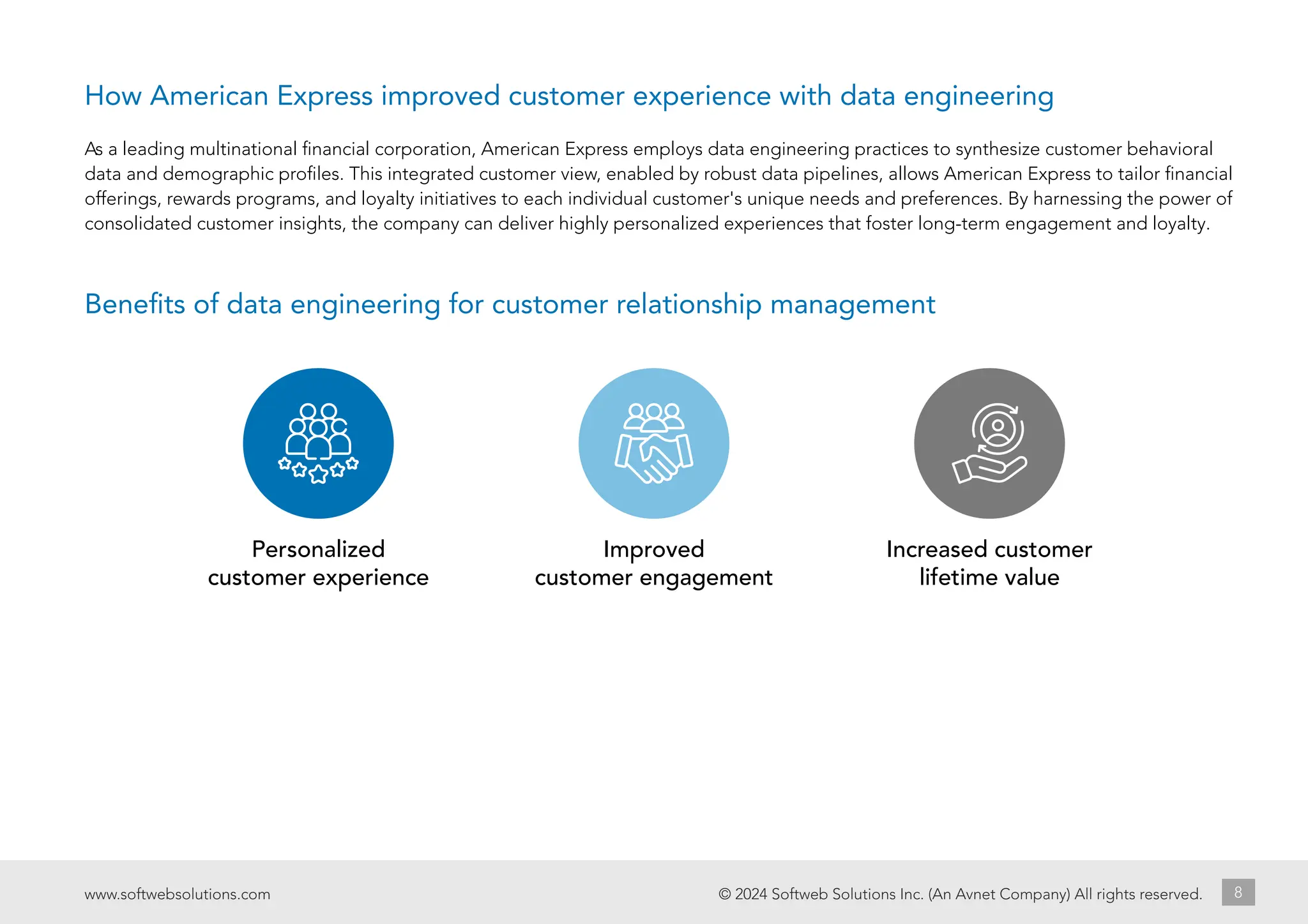 Personalized
customer experience
Improved
customer engagement
Increased customer
lifetime value
© 2024 Softweb Solutions Inc. (An Avnet Company) All rights reserved.
www.softwebsolutions.com 8
As a leading multinational financial corporation, American Express employs data engineering practices to synthesize customer behavioral
data and demographic profiles. This integrated customer view, enabled by robust data pipelines, allows American Express to tailor financial
offerings, rewards programs, and loyalty initiatives to each individual customer's unique needs and preferences. By harnessing the power of
consolidated customer insights, the company can deliver highly personalized experiences that foster long-term engagement and loyalty.
Benefits of data engineering for customer relationship management
How American Express improved customer experience with data engineering
 