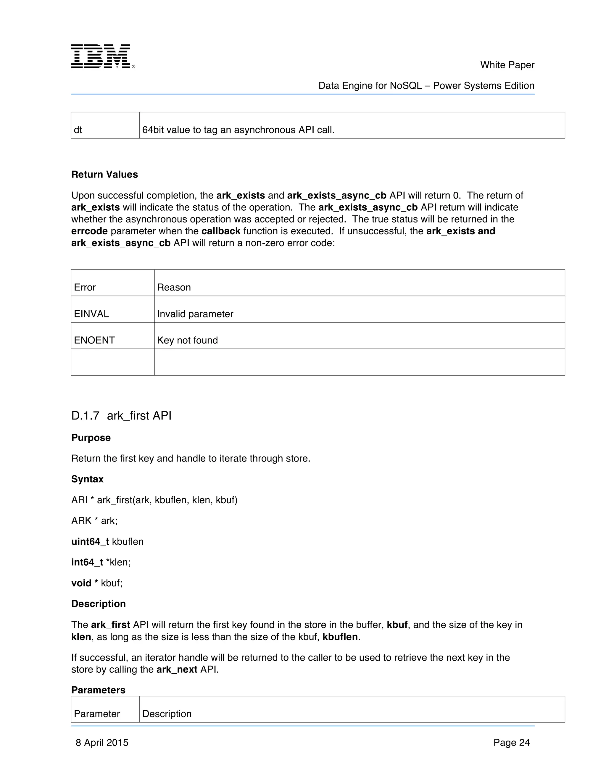 m	
   White Paper
Data Engine for NoSQL – Power Systems Edition
	
   	
  
8 April 2015 Page 24
dt 64bit value to tag an asynchronous API call.
Return Values
Upon successful completion, the ark_exists and ark_exists_async_cb API will return 0. The return of
ark_exists will indicate the status of the operation. The ark_exists_async_cb API return will indicate
whether the asynchronous operation was accepted or rejected. The true status will be returned in the
errcode parameter when the callback function is executed. If unsuccessful, the ark_exists and
ark_exists_async_cb API will return a non-zero error code:
Error Reason
EINVAL Invalid parameter
ENOENT Key not found
D.1.7 ark_first API
Purpose
Return the first key and handle to iterate through store.
Syntax
ARI * ark_first(ark, kbuflen, klen, kbuf)
ARK * ark;
uint64_t kbuflen
int64_t *klen;
void * kbuf;
Description
The ark_first API will return the first key found in the store in the buffer, kbuf, and the size of the key in
klen, as long as the size is less than the size of the kbuf, kbuflen.
If successful, an iterator handle will be returned to the caller to be used to retrieve the next key in the
store by calling the ark_next API.
Parameters
Parameter Description
 