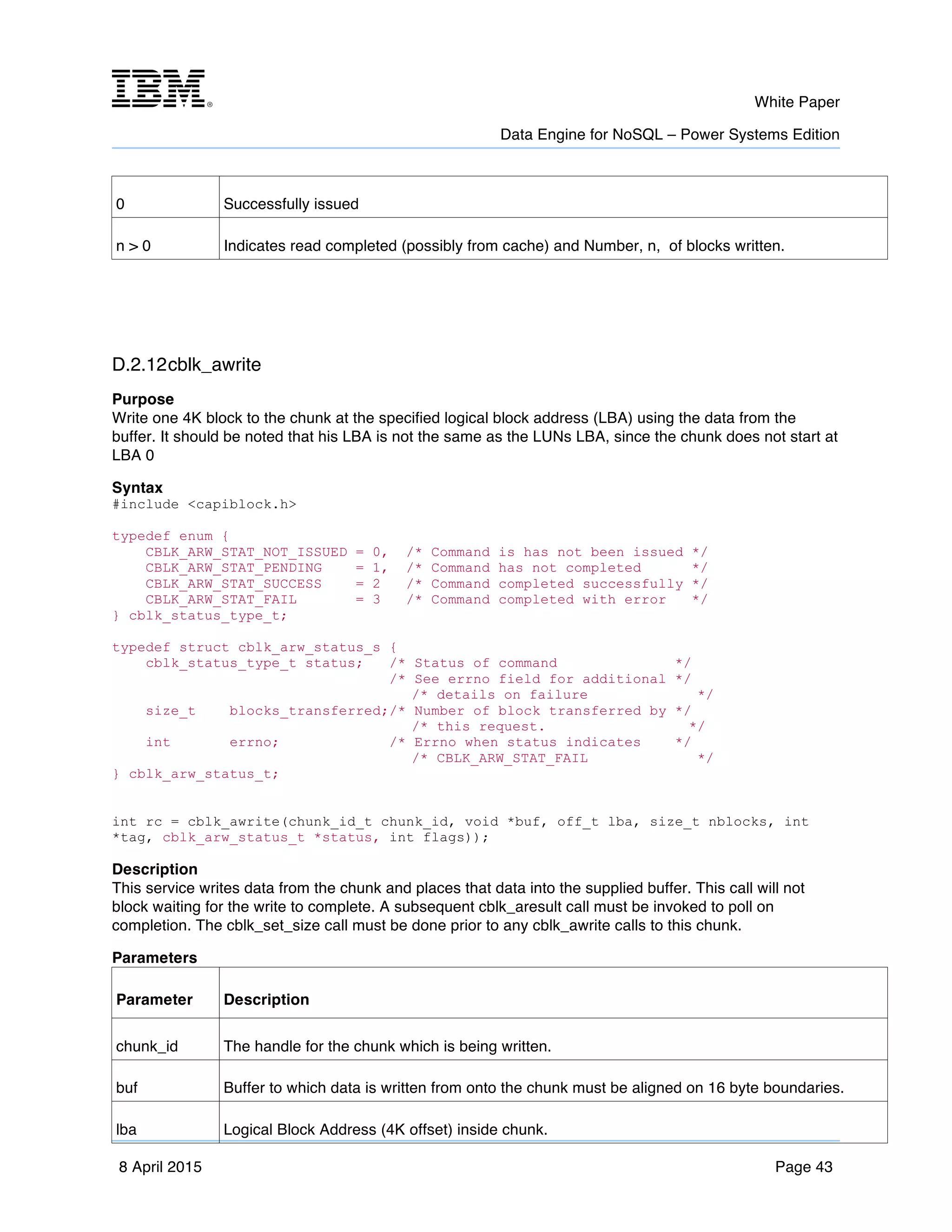 m	
   White Paper
Data Engine for NoSQL – Power Systems Edition
	
   	
  
8 April 2015 Page 43
0 Successfully issued
n > 0 Indicates read completed (possibly from cache) and Number, n, of blocks written.
D.2.12cblk_awrite
Purpose
Write one 4K block to the chunk at the specified logical block address (LBA) using the data from the
buffer. It should be noted that his LBA is not the same as the LUNs LBA, since the chunk does not start at
LBA 0
Syntax
#include <capiblock.h>
typedef enum {
CBLK_ARW_STAT_NOT_ISSUED = 0, /* Command is has not been issued */
CBLK_ARW_STAT_PENDING = 1, /* Command has not completed */
CBLK_ARW_STAT_SUCCESS = 2 /* Command completed successfully */
CBLK_ARW_STAT_FAIL = 3 /* Command completed with error */
} cblk_status_type_t;
typedef struct cblk_arw_status_s {
cblk_status_type_t status; /* Status of command */
/* See errno field for additional */
/* details on failure */
size_t blocks_transferred;/* Number of block transferred by */
/* this request. */
int errno; /* Errno when status indicates */
/* CBLK_ARW_STAT_FAIL */
} cblk_arw_status_t;
int rc = cblk_awrite(chunk_id_t chunk_id, void *buf, off_t lba, size_t nblocks, int
*tag, cblk_arw_status_t *status, int flags));
Description
This service writes data from the chunk and places that data into the supplied buffer. This call will not
block waiting for the write to complete. A subsequent cblk_aresult call must be invoked to poll on
completion. The cblk_set_size call must be done prior to any cblk_awrite calls to this chunk.
Parameters
Parameter Description
chunk_id The handle for the chunk which is being written.
buf Buffer to which data is written from onto the chunk must be aligned on 16 byte boundaries.
lba Logical Block Address (4K offset) inside chunk.
 