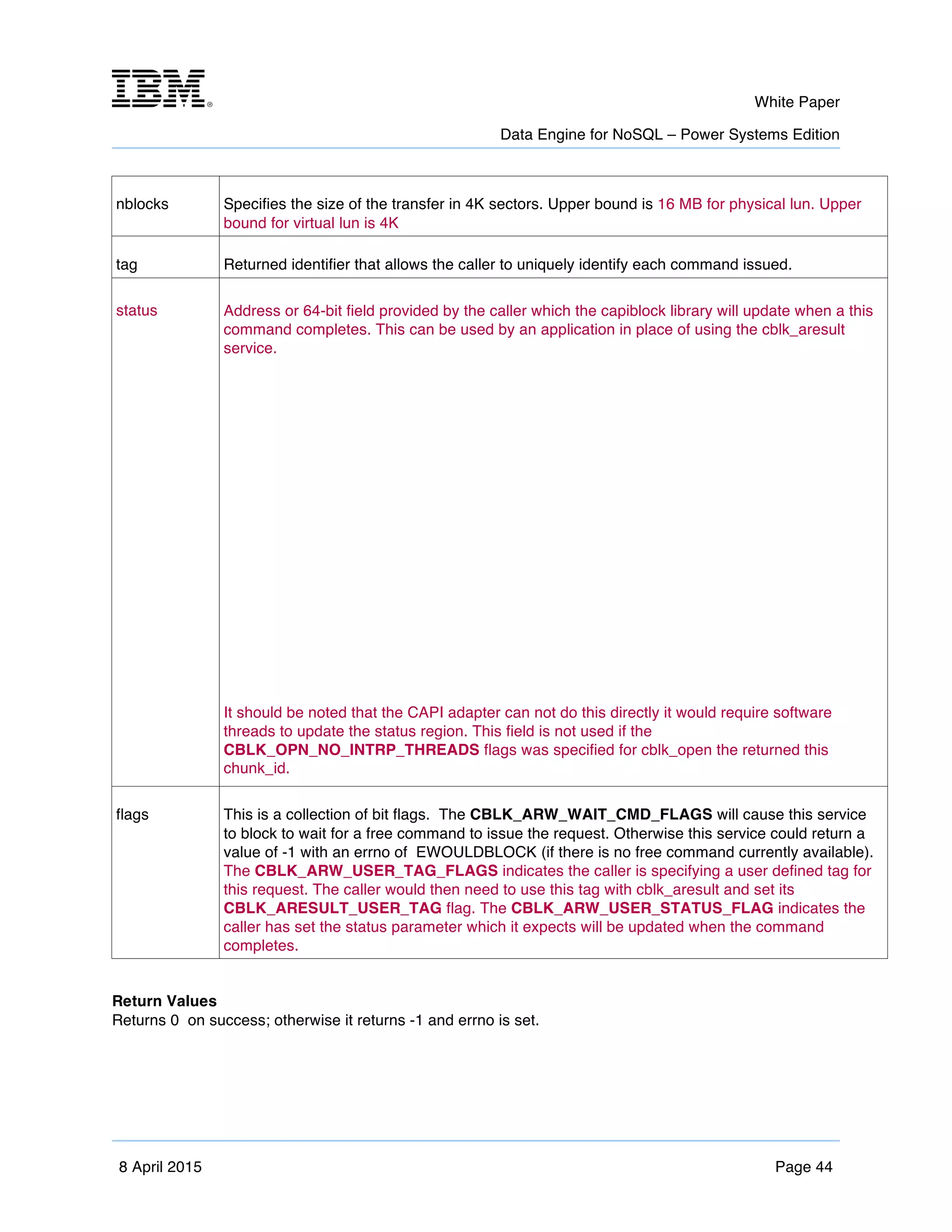 m	
   White Paper
Data Engine for NoSQL – Power Systems Edition
	
   	
  
8 April 2015 Page 44
nblocks Specifies the size of the transfer in 4K sectors. Upper bound is 16 MB for physical lun. Upper
bound for virtual lun is 4K
tag Returned identifier that allows the caller to uniquely identify each command issued.
status Address or 64-bit field provided by the caller which the capiblock library will update when a this
command completes. This can be used by an application in place of using the cblk_aresult
service.
It should be noted that the CAPI adapter can not do this directly it would require software
threads to update the status region. This field is not used if the
CBLK_OPN_NO_INTRP_THREADS flags was specified for cblk_open the returned this
chunk_id.
flags This is a collection of bit flags. The CBLK_ARW_WAIT_CMD_FLAGS will cause this service
to block to wait for a free command to issue the request. Otherwise this service could return a
value of -1 with an errno of EWOULDBLOCK (if there is no free command currently available).
The CBLK_ARW_USER_TAG_FLAGS indicates the caller is specifying a user defined tag for
this request. The caller would then need to use this tag with cblk_aresult and set its
CBLK_ARESULT_USER_TAG flag. The CBLK_ARW_USER_STATUS_FLAG indicates the
caller has set the status parameter which it expects will be updated when the command
completes.
Return Values
Returns 0 on success; otherwise it returns -1 and errno is set.
 