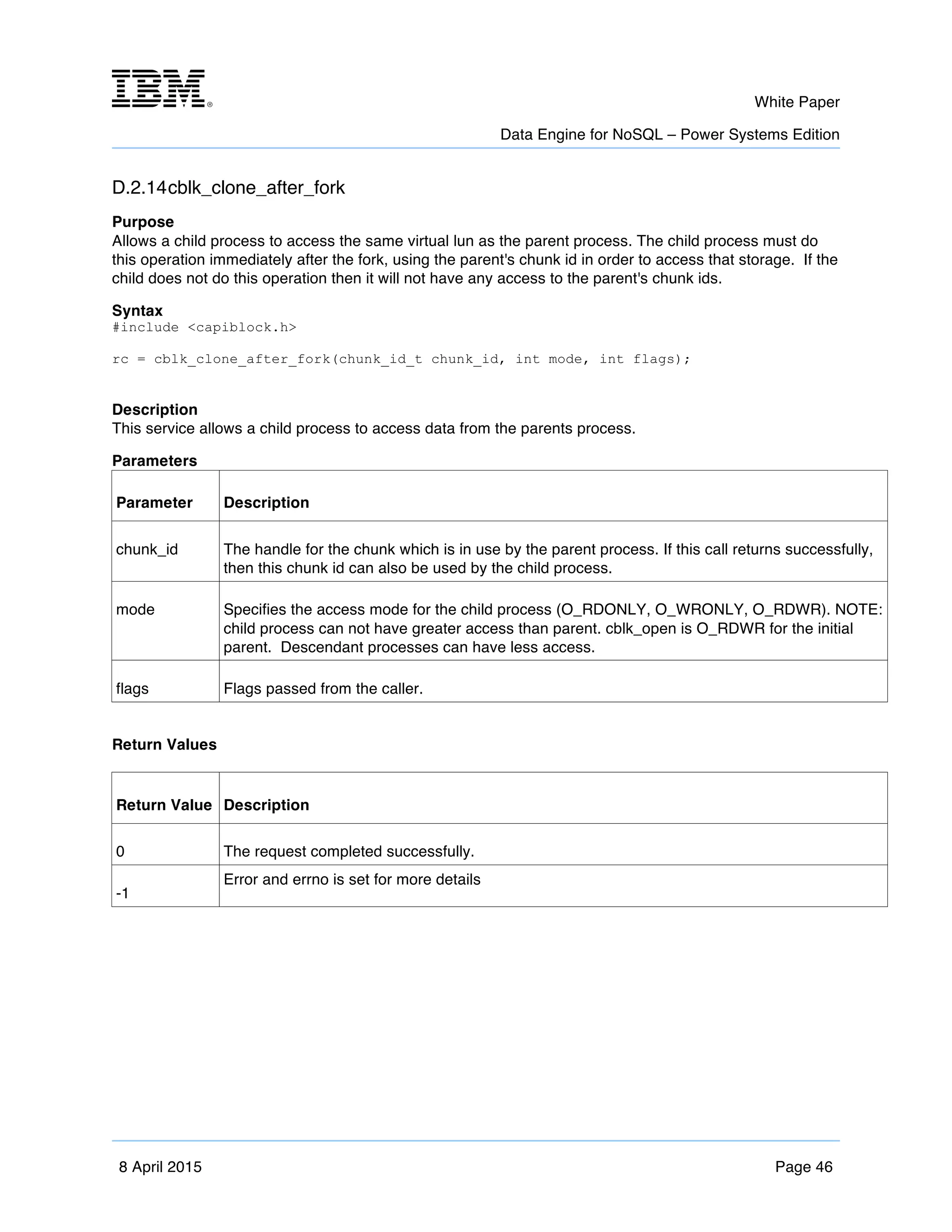 m	
   White Paper
Data Engine for NoSQL – Power Systems Edition
	
   	
  
8 April 2015 Page 46
D.2.14cblk_clone_after_fork
Purpose
Allows a child process to access the same virtual lun as the parent process. The child process must do
this operation immediately after the fork, using the parent's chunk id in order to access that storage. If the
child does not do this operation then it will not have any access to the parent's chunk ids.
Syntax
#include <capiblock.h>
rc = cblk_clone_after_fork(chunk_id_t chunk_id, int mode, int flags);
Description
This service allows a child process to access data from the parents process.
Parameters
Parameter Description
chunk_id The handle for the chunk which is in use by the parent process. If this call returns successfully,
then this chunk id can also be used by the child process.
mode Specifies the access mode for the child process (O_RDONLY, O_WRONLY, O_RDWR). NOTE:
child process can not have greater access than parent. cblk_open is O_RDWR for the initial
parent. Descendant processes can have less access.
flags Flags passed from the caller.
Return Values
Return Value Description
0 The request completed successfully.
-1
Error and errno is set for more details
 