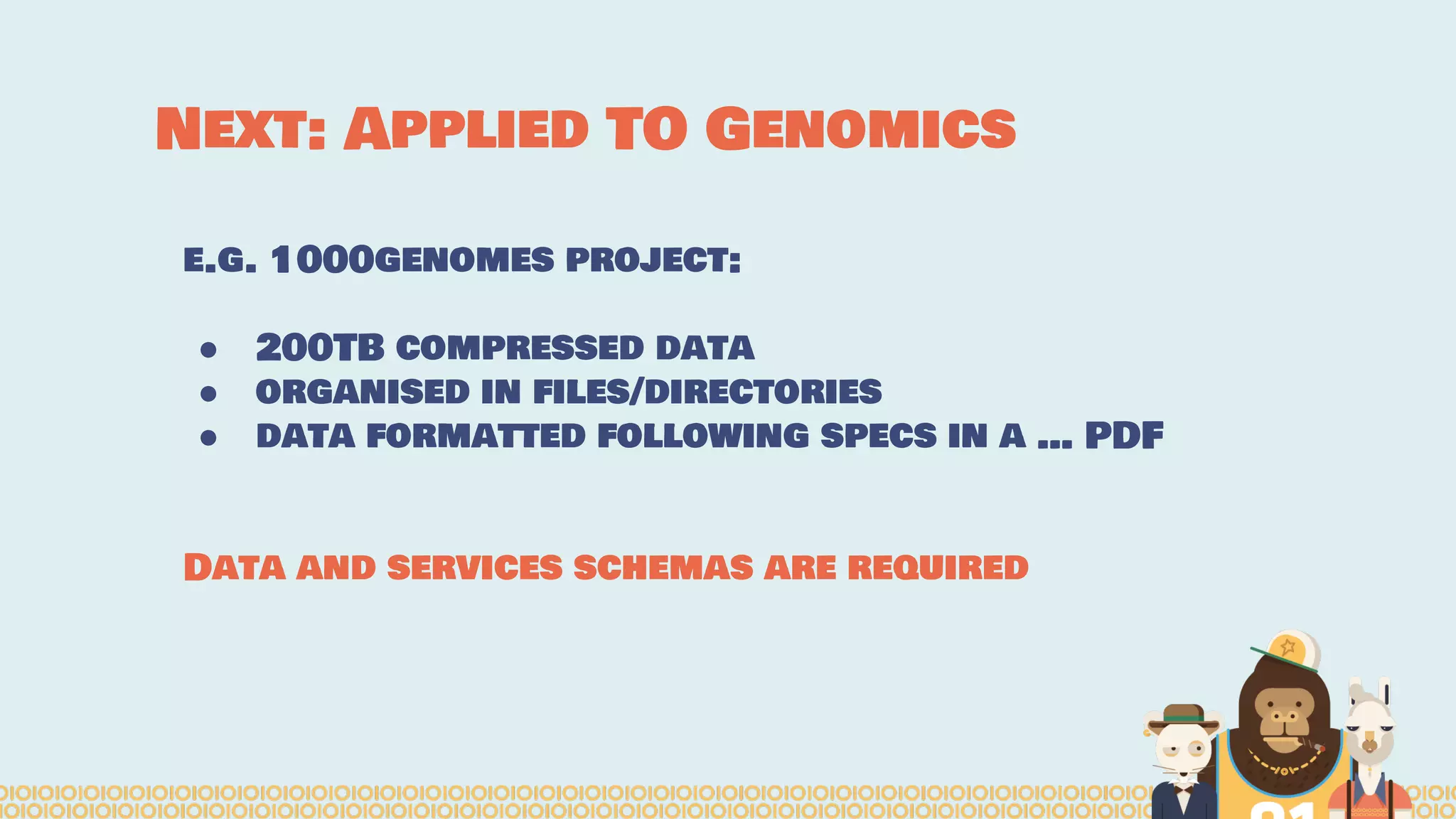 Next: Applied TO Genomics
e.g. 1000genomes project:
● 200TB compressed data
● organised in files/directories
● data formatted following specs in a … PDF
Data and services schemas are required
 
