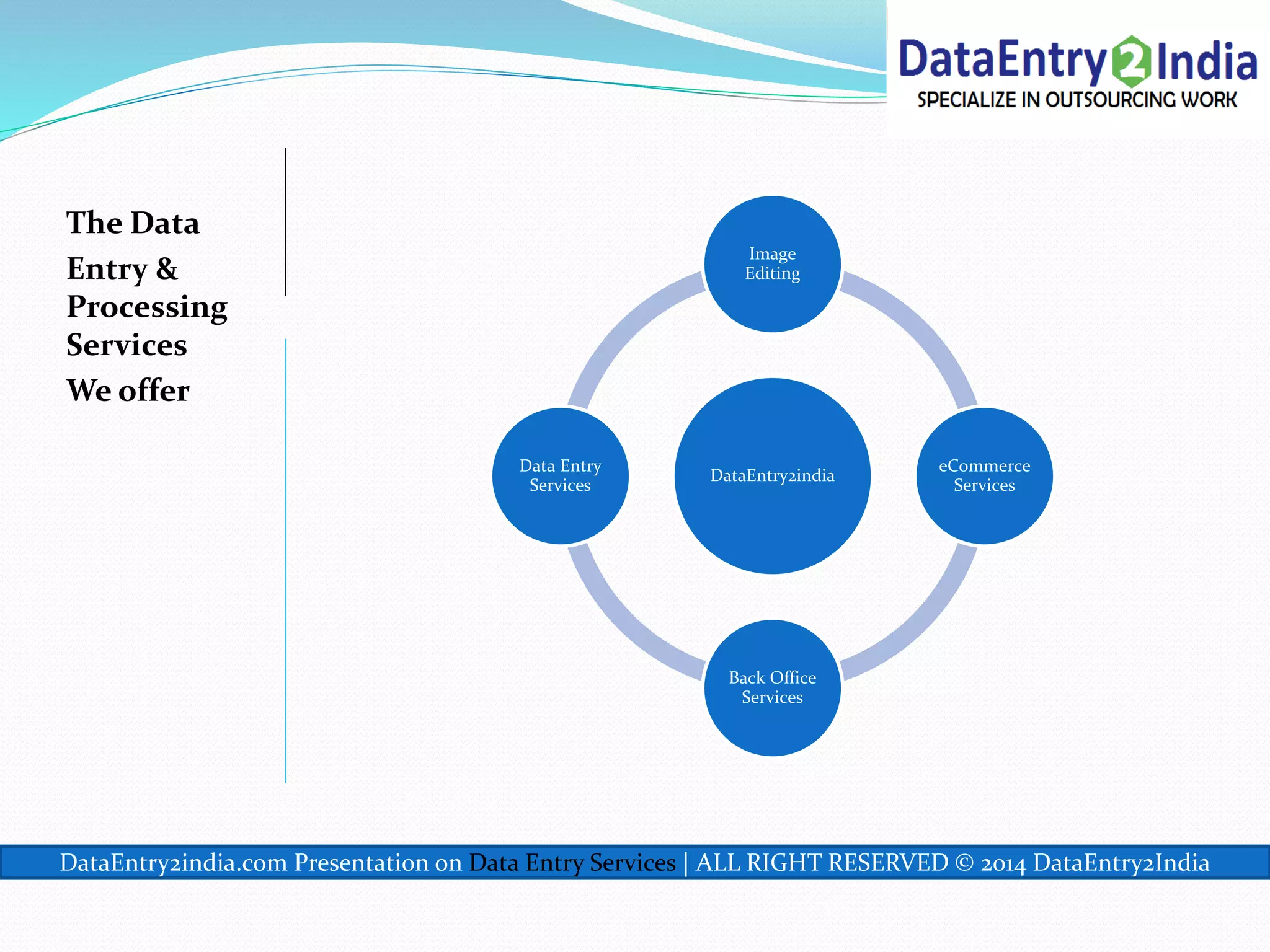 The Data
Entry &
Processing
Services
We offer
DataEntry2india
Image
Editing
eCommerce
Services
Back Office
Services
Data Entry
Services
DataEntry2india.com Presentation on Data Entry Services | ALL RIGHT RESERVED © 2014 DataEntry2India
 