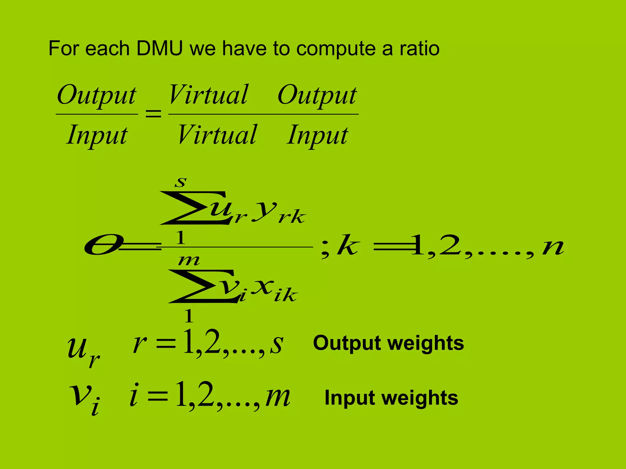 For each DMU we have to compute a ratio

Output Virtual Output
       =
 Input   Virtual Input
            s
          ∑r yrk
           u
  θ= 1
     m
                          ; k = ,2,...., n
                               1
           ∑i xik
            v
             1
 ur r = 1,2,..., s        Output weights

 vi i = 1,2,..., m         Input weights
 