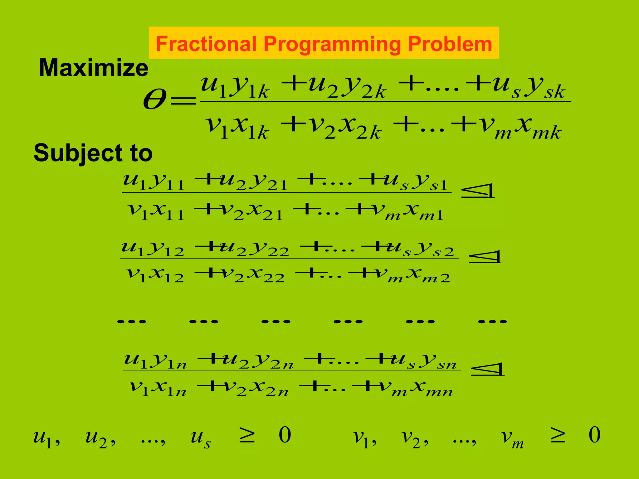 Fractional Programming Problem
Maximize
               u1 y1k +u2 y2 k +.... +u s ysk
            θ=
               v1 x1k + v2 x2 k +... + vm xmk
Subject to
           u1 y11 + 2 y21 + + s y s1
                   u        .... u
                                     ≤1
           v1 x11 + 2 x21 + + m xm1
                   v       ... v
          u1 y12 + 2 y22 + + s y s 2
                  u        ....  u
                                     ≤1
          v1 x12 + 2 x22 + + m xm 2
                  v       ...   v

          ...      ...    ...   ...   ...    ...
           u1 y1n + 2 y2 n + + s y sn
                   u         .... u
                                      ≤1
           v1 x1n + 2 x2 n + + m xmn
                   v        ... v

u1 ,   u2 , ...,   us    ≥ 0     v1 , v2 , ..., vm   ≥ 0
 